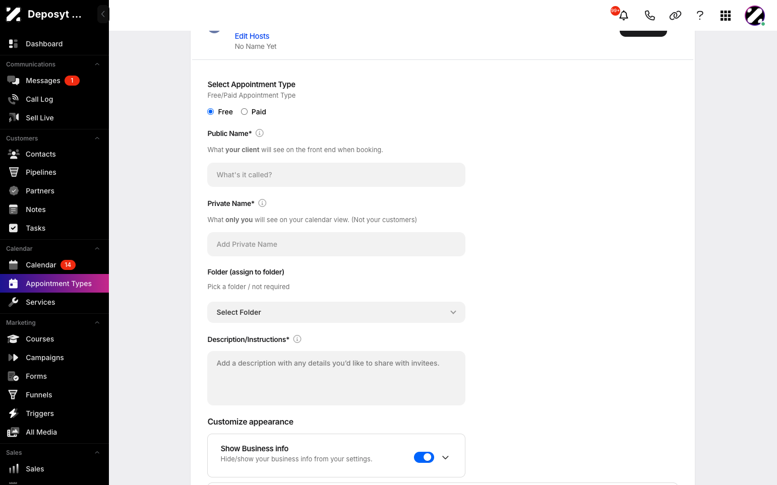 Step 5: Fill in the details, including whether the appointment type is free or paid, creating a public name and private name, assigning it to a folder, setting the location, and adding a description.
