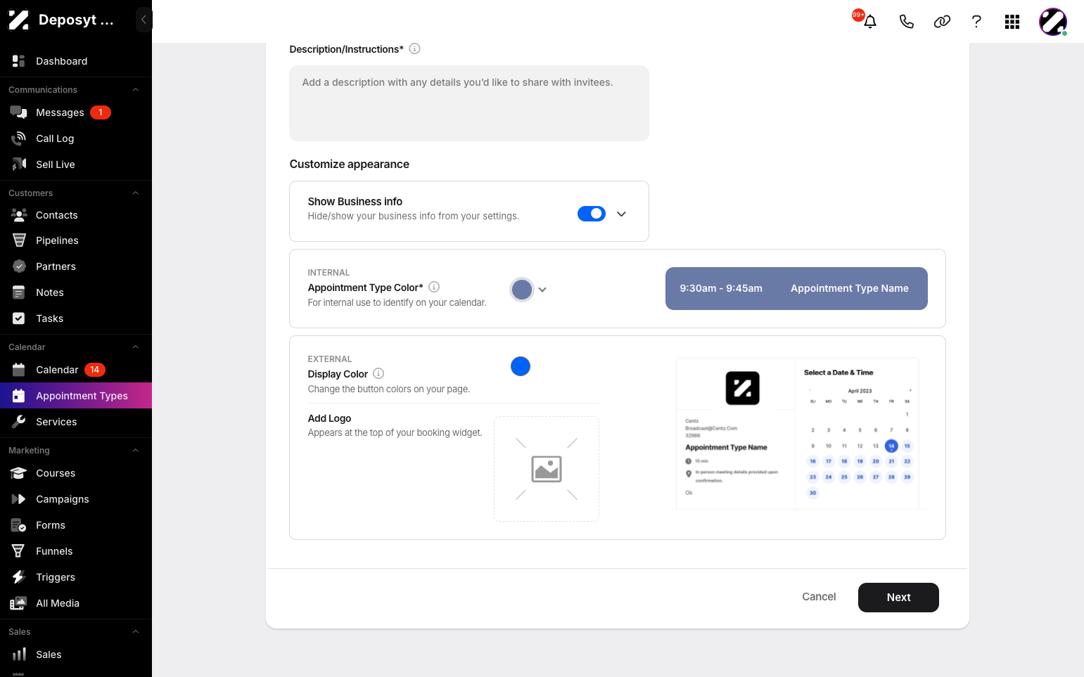 Step 6: You can customize the appearance by showing or hiding business info in the settings, setting the appointment type color and display color, and adding a logo. When done, click Next.