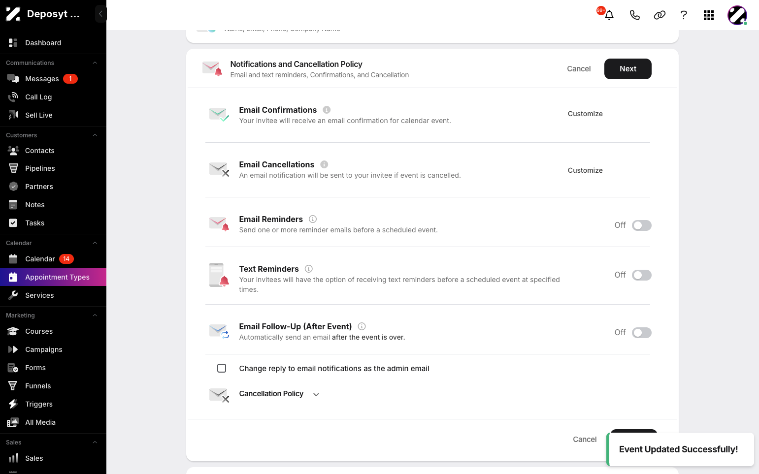 Step 11: You can customize the notifications and cancellation policy. Toggle email and text reminders on or off, add an email follow-up, and set your cancellation policy. When done, click Next.