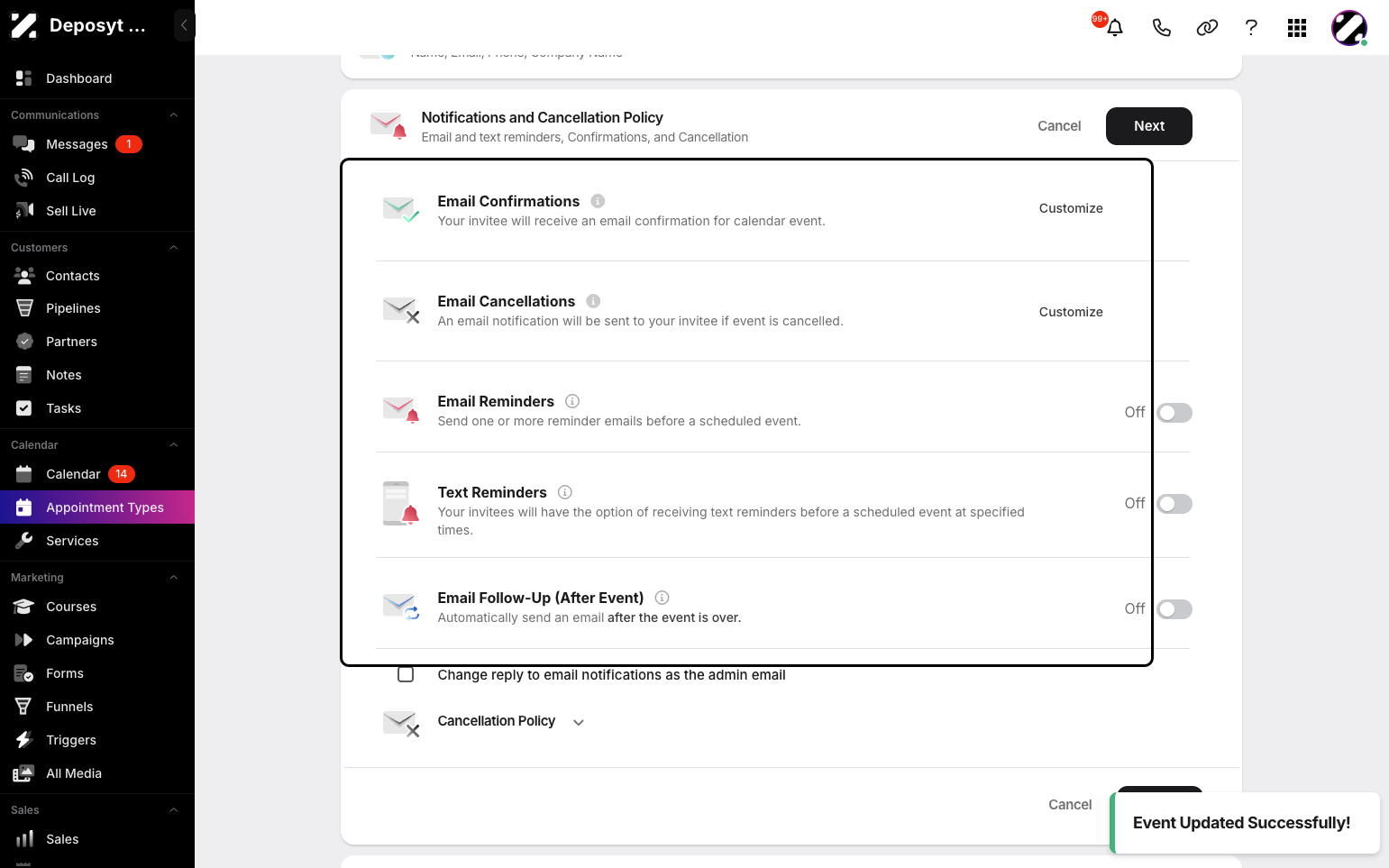 Step 11: You can customize the notifications and cancellation policy. Toggle email and text reminders on or off, add an email follow-up, and set your cancellation policy. When done, click Next.