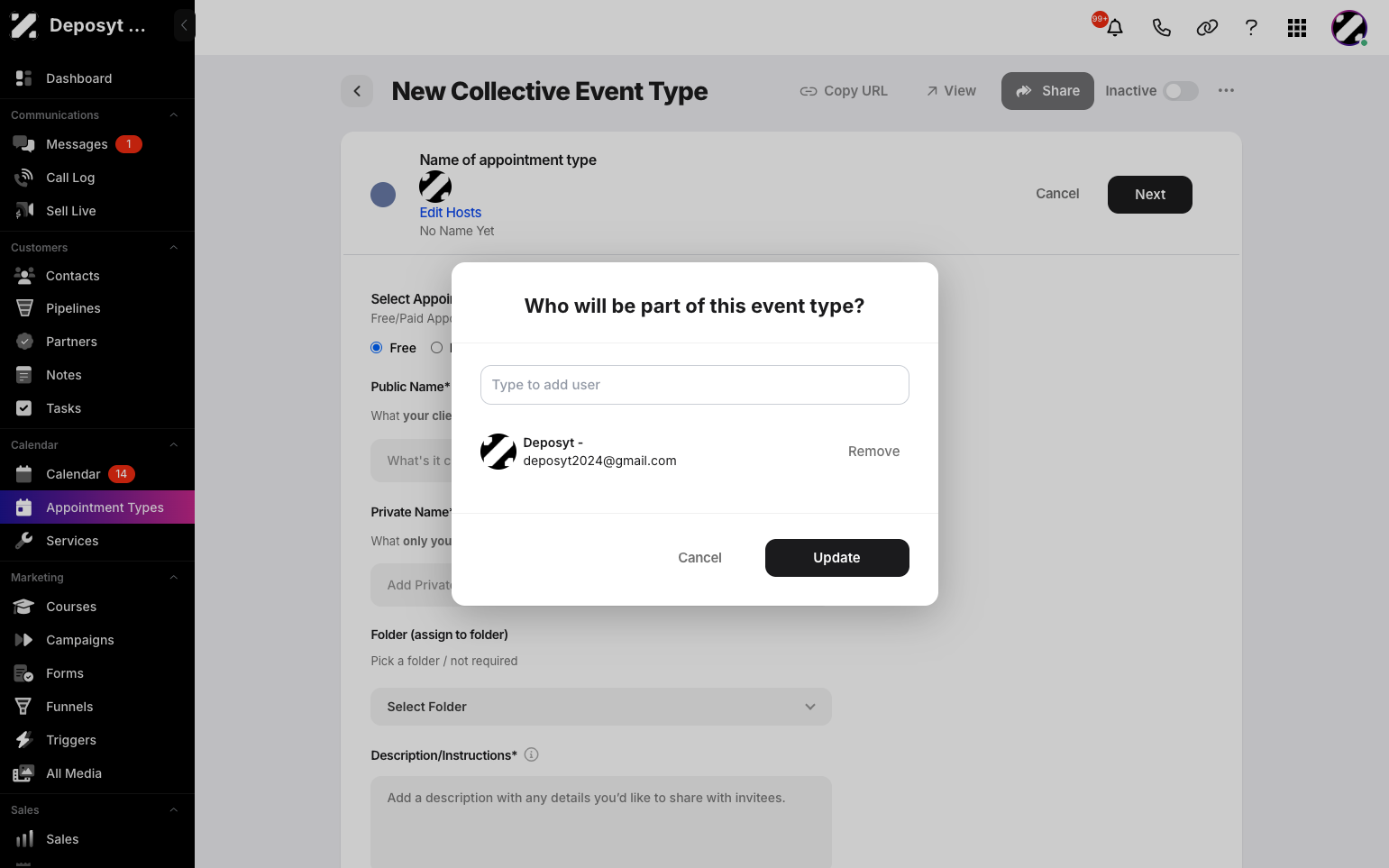 Step 4: A pop-up appears, allowing you to add or remove users who are part of the event. Click Update when you’re done.