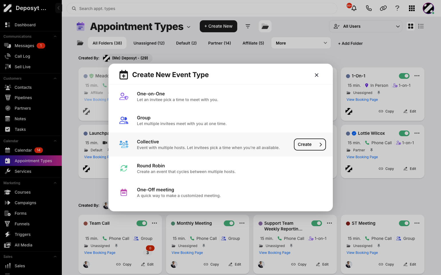 Step 3: Select the Collective event type. This is an
event with multiple hosts. Let invitees pick a time when you’re all available. Then, click the Create button.