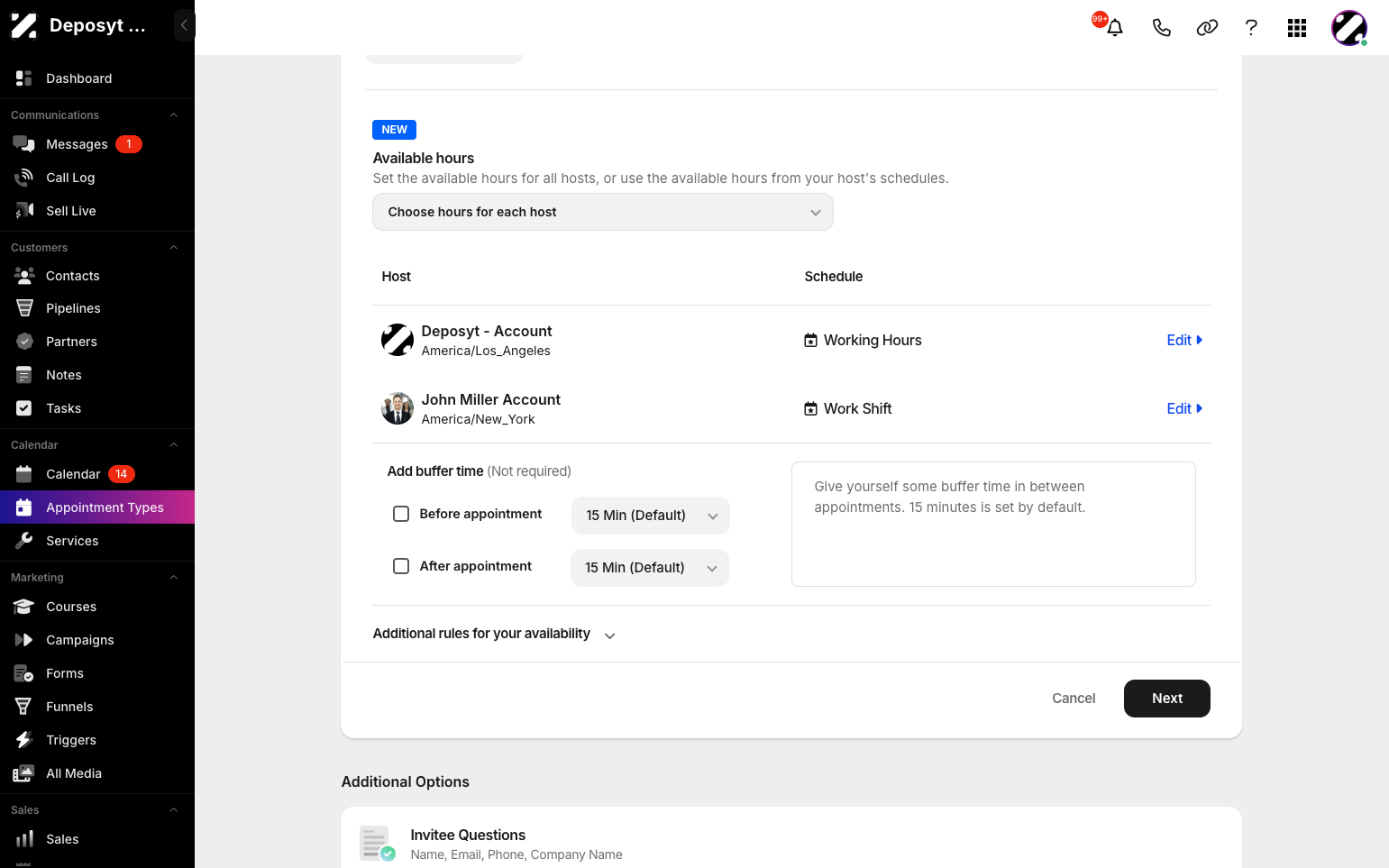 Step 9: Continue by setting a buffer time before or after the appointment. You can also add additional rules for your availability. When done, click Next.