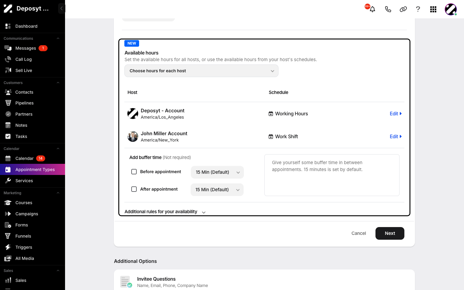 Step 9: Continue by setting a buffer time before or after the appointment. You can also add additional rules for your availability. When done, click Next.