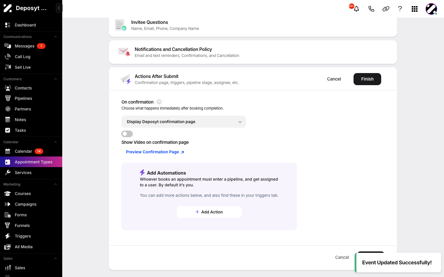 Step 12: Customize actions after submission by choosing what happens immediately after booking completion, such as showing a video on the confirmation page, assigning to a user, or adding automations. When done, click Finish to finalize your Collective appointment type.