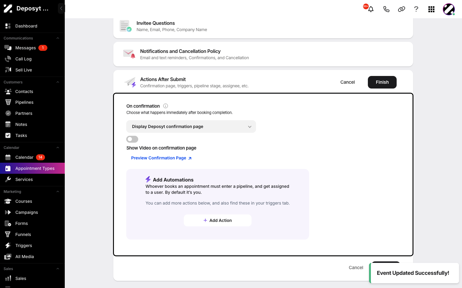 Step 12: Customize actions after submission by choosing what happens immediately after booking completion, such as showing a video on the confirmation page, assigning to a user, or adding automations. When done, click Finish to finalize your Collective appointment type.