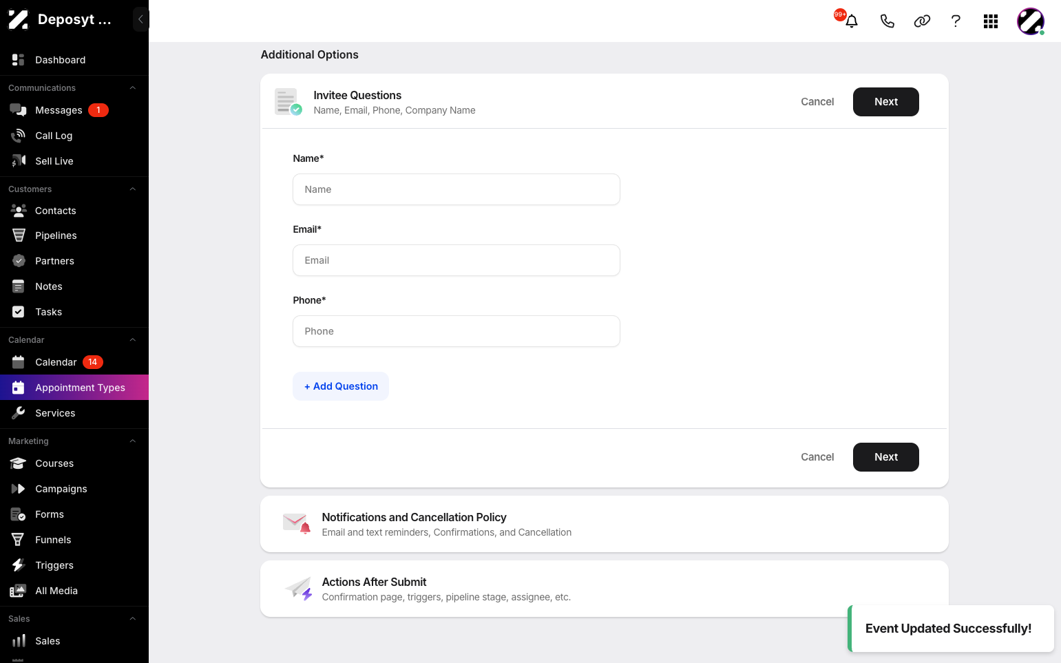 Step 10: There are additional options, such as Invitee Questions or adding your own custom questions. Click Next when you are done.