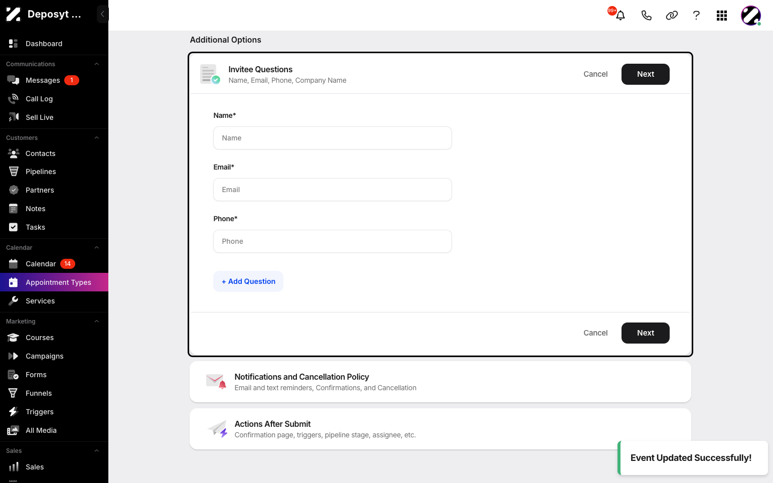 Step 10: There are additional options, such as Invitee Questions or adding your own custom questions. Click Next when you are done.