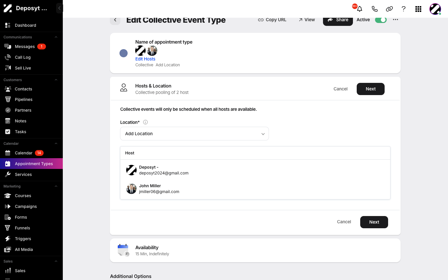 Step 7: You can edit the hosts from here and add more hosts and a location. Collective events are scheduled only when all hosts are available. Then, click Next to continue.