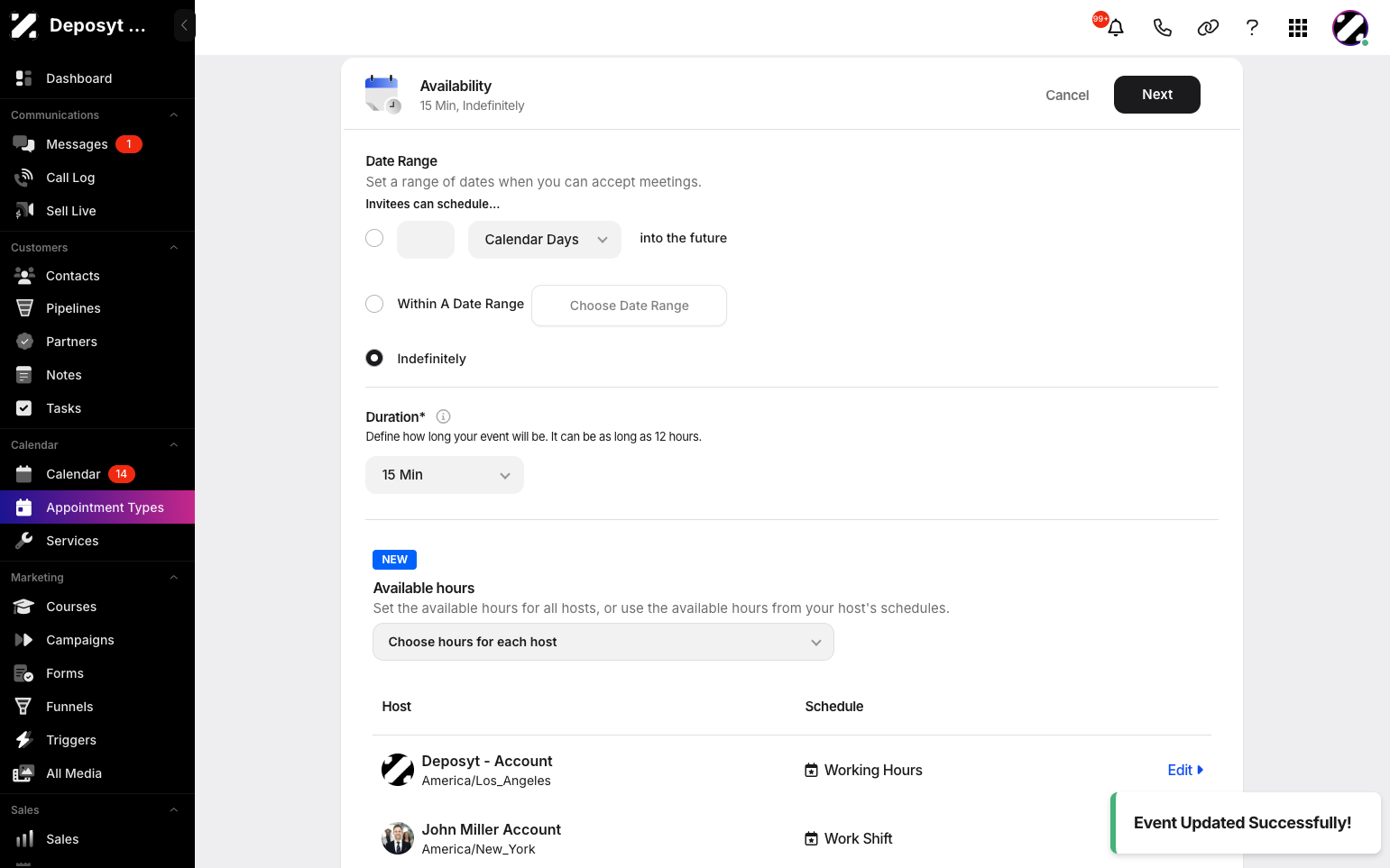 Step 8: Now you can customize your availability by setting a date range, event duration, and choosing your availability for each host, either by using your existing schedule or setting custom hours.