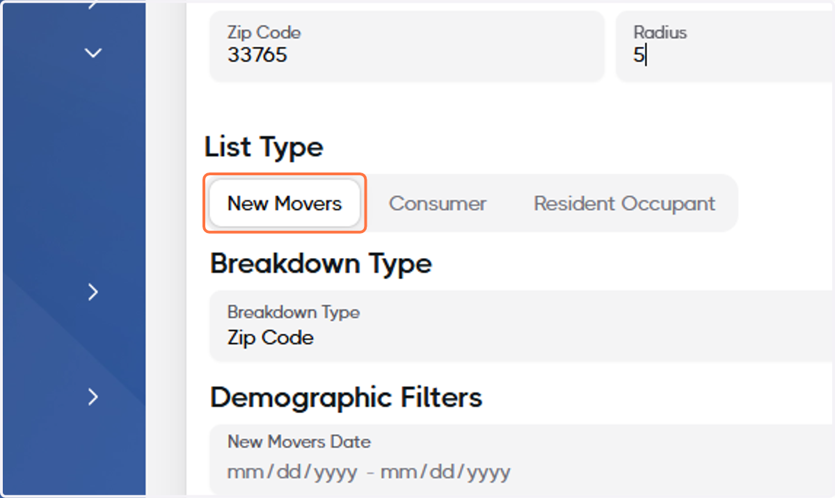 Ensure New Movers is selected under List Type