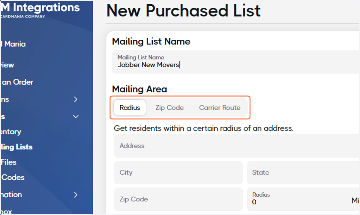 Select how you'd like to source the area for your Mailing List