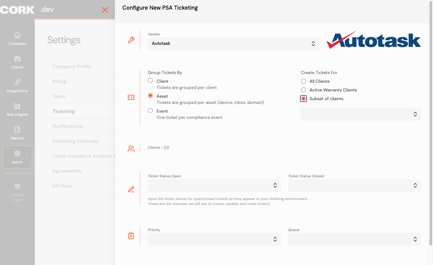 Select your desired list of clients to configure ticketing for