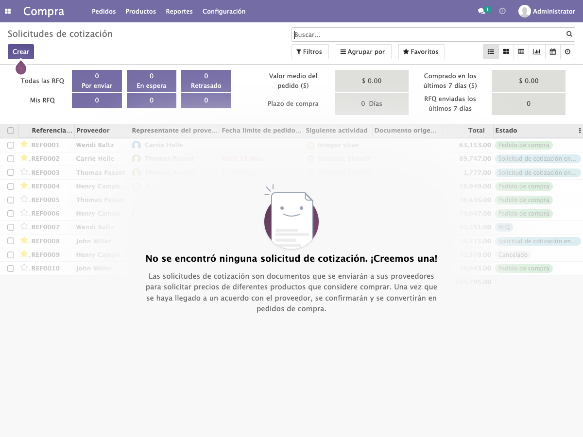En la nueva ventana que aparece, seleccione el botón de Crear para crear una nueva solicitud de cotización