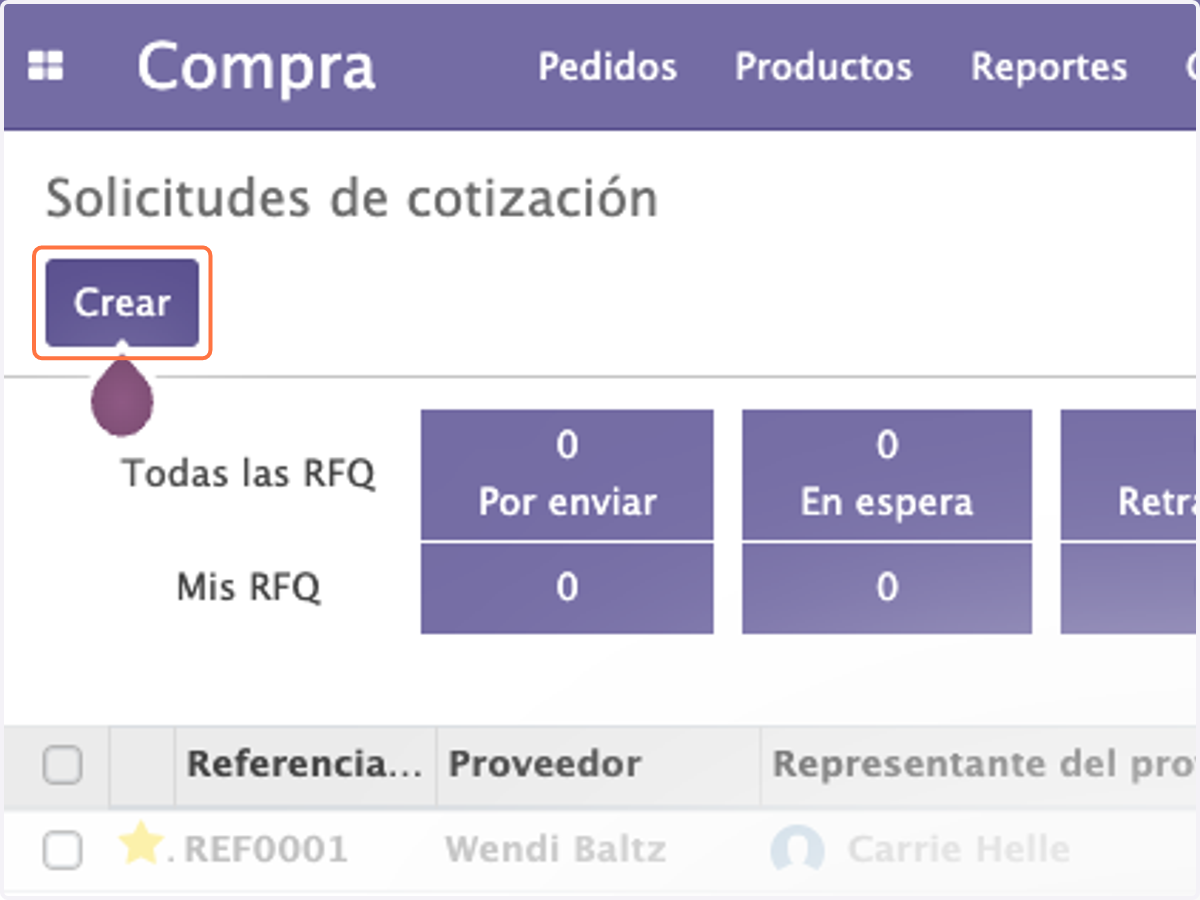 En la nueva ventana que aparece, seleccione el botón de Crear para crear una nueva solicitud de cotización