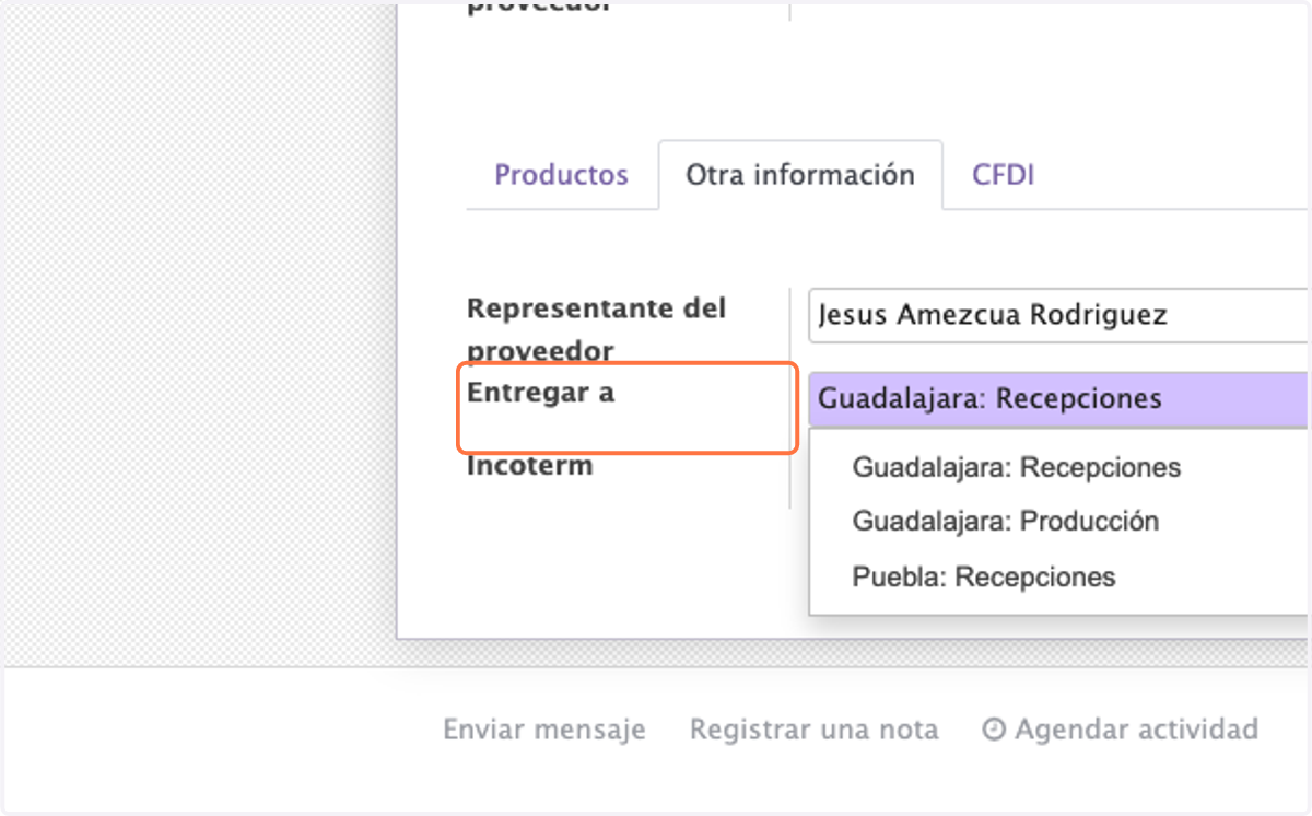 Click en Entregar y seleccione el almacén donde se recibe el producto