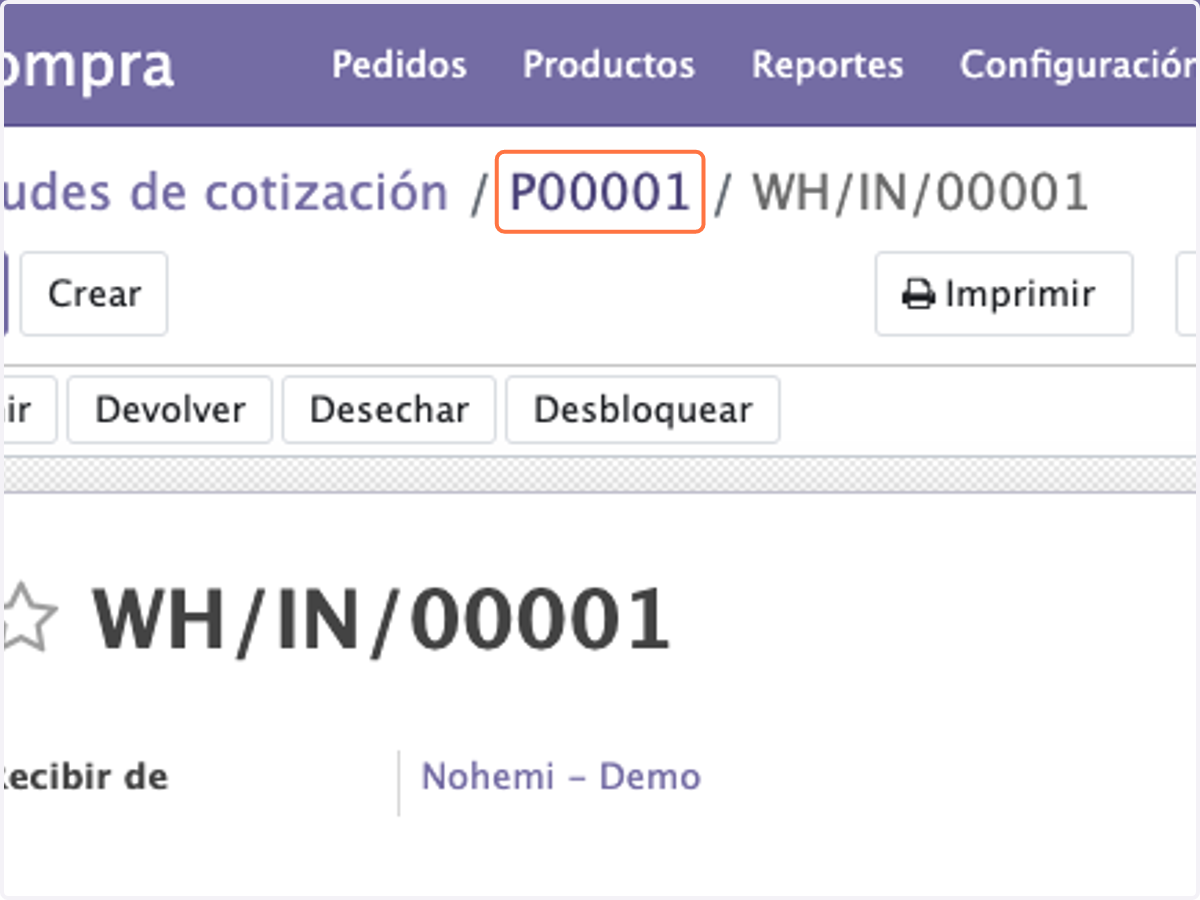 Regrese al Pedido de Compra dando Click (siempre inicia con P seguido de un numero consecutivo) en este caso es P00001