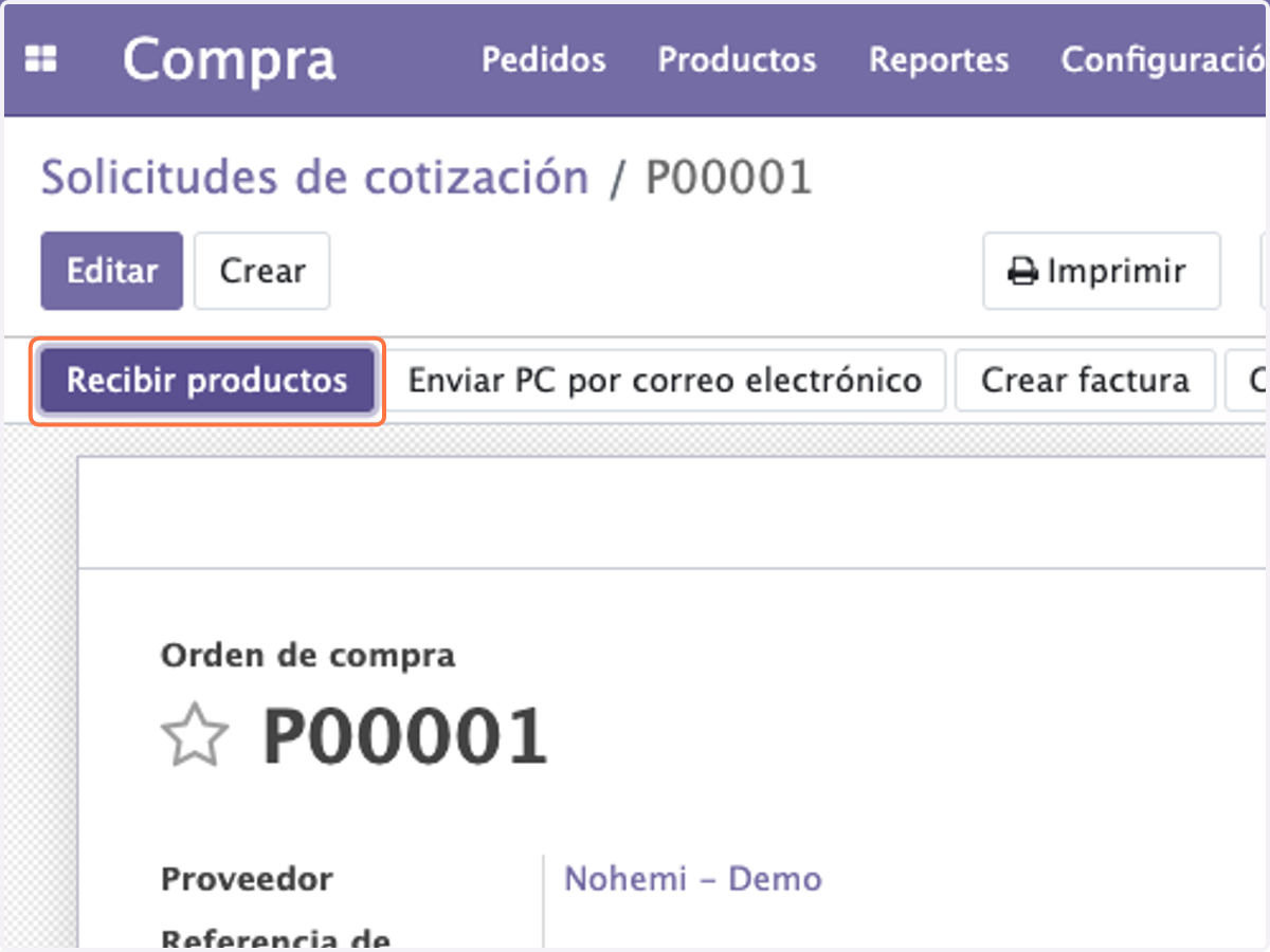 Click en Recibir productos