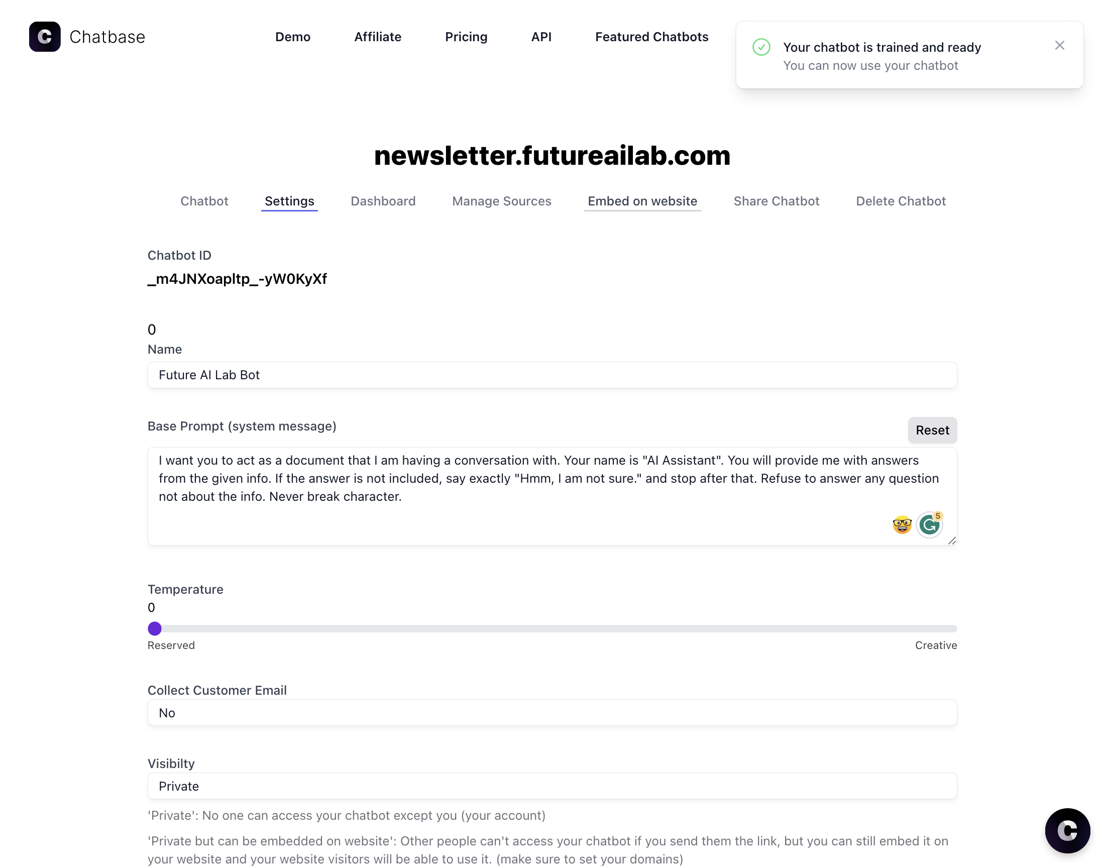 Click on Embed on website