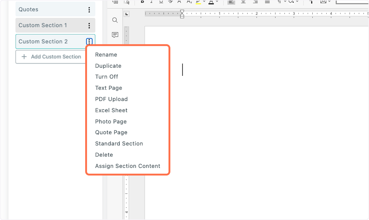 You now have the options to add text pages, PDFs, Excel pages, Photo Pages, Quote Pages or Standard Sections, 
