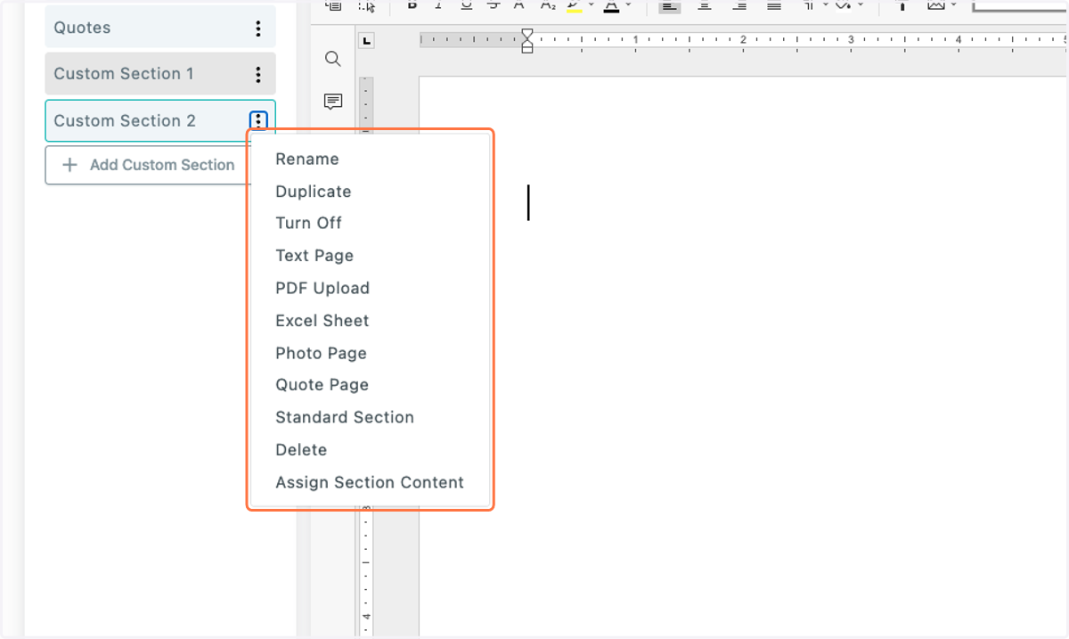 You now have the options to add text pages, PDFs, Excel pages, Photo Pages, Quote Pages or Standard Sections,
