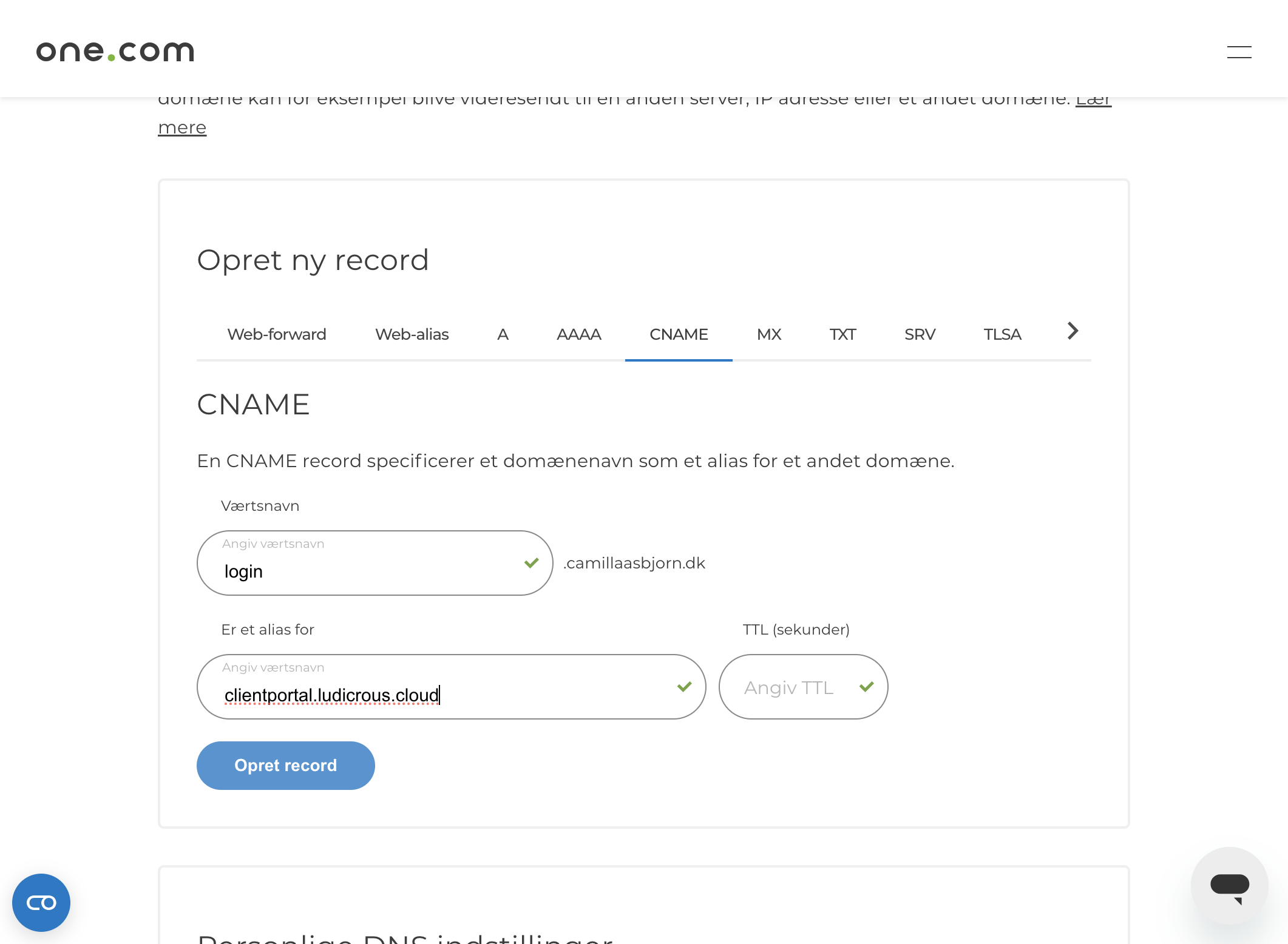 Eksempel på hvordan en CNAME record oprettes hos one.com