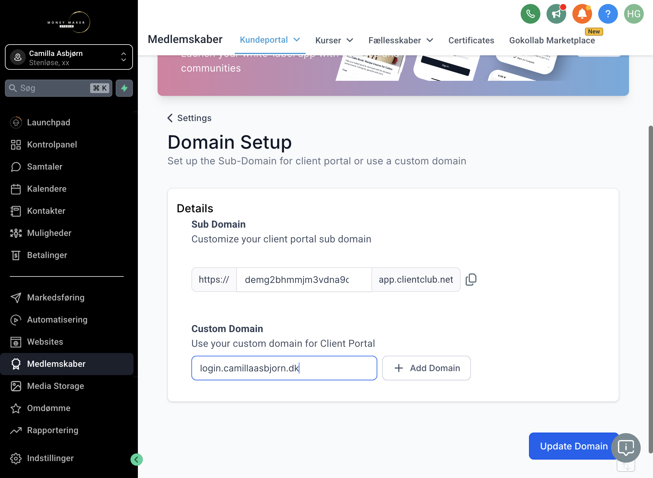 Navngiv dit domæne fx "login.camillaasbjorn.dk" og klik på knappen ved siden af "Add Domain"