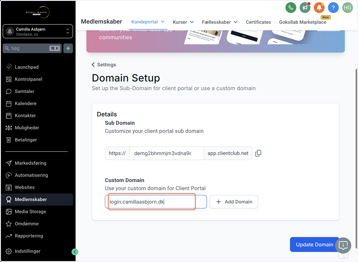 Navngiv dit domæne fx "login.camillaasbjorn.dk" og klik på knappen ved siden af "Add Domain"