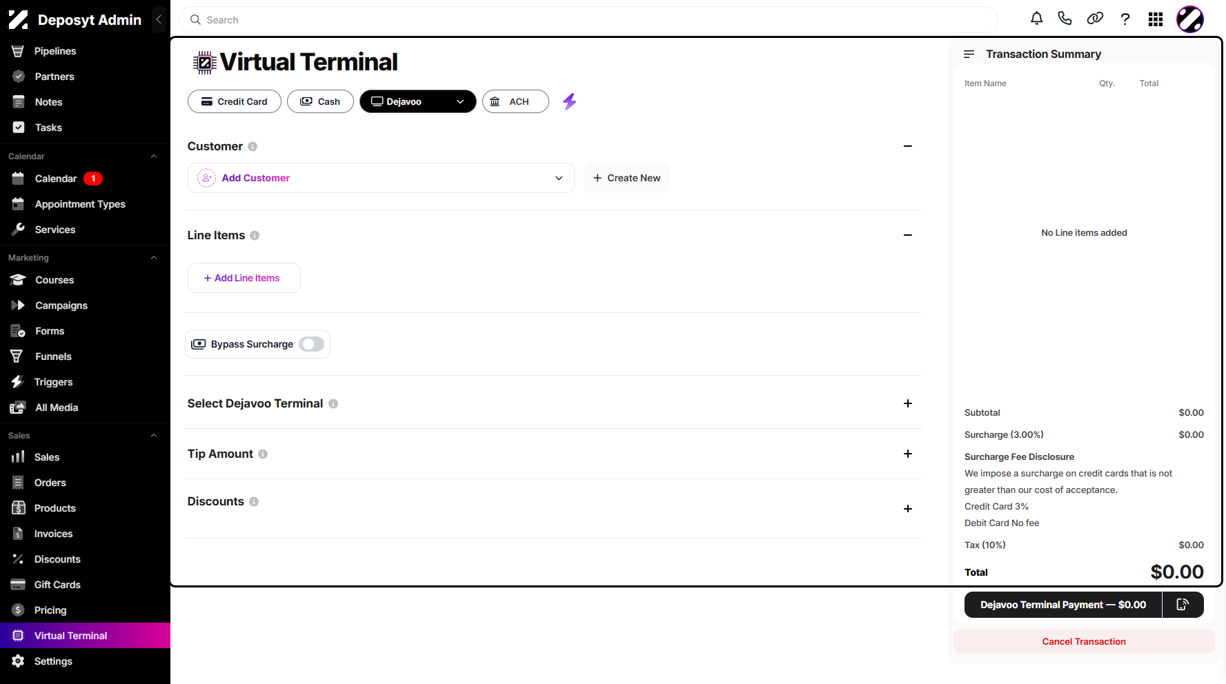Step 5: You will then be taken to the Virtual Terminal Dejavoo view.