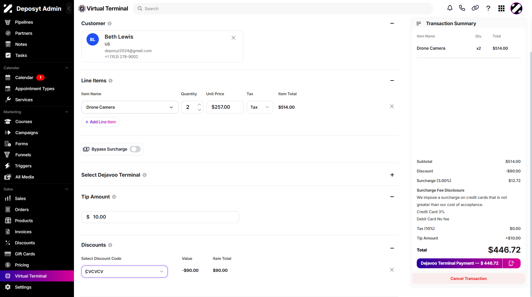 Step 11: Once all is set, proceed by clicking the Dejavoo Terminal Payment button in the transaction summary overview. Once successfully processed, you will be taken to the Transaction Summary page.