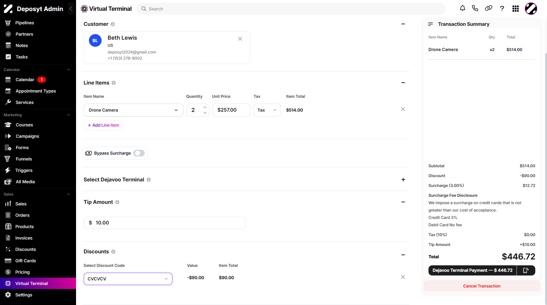 Step 9: Select a Dejavoo Terminal from the dropdown menu. You can also manually add a tip and apply a discount using the discount code dropdown menu.