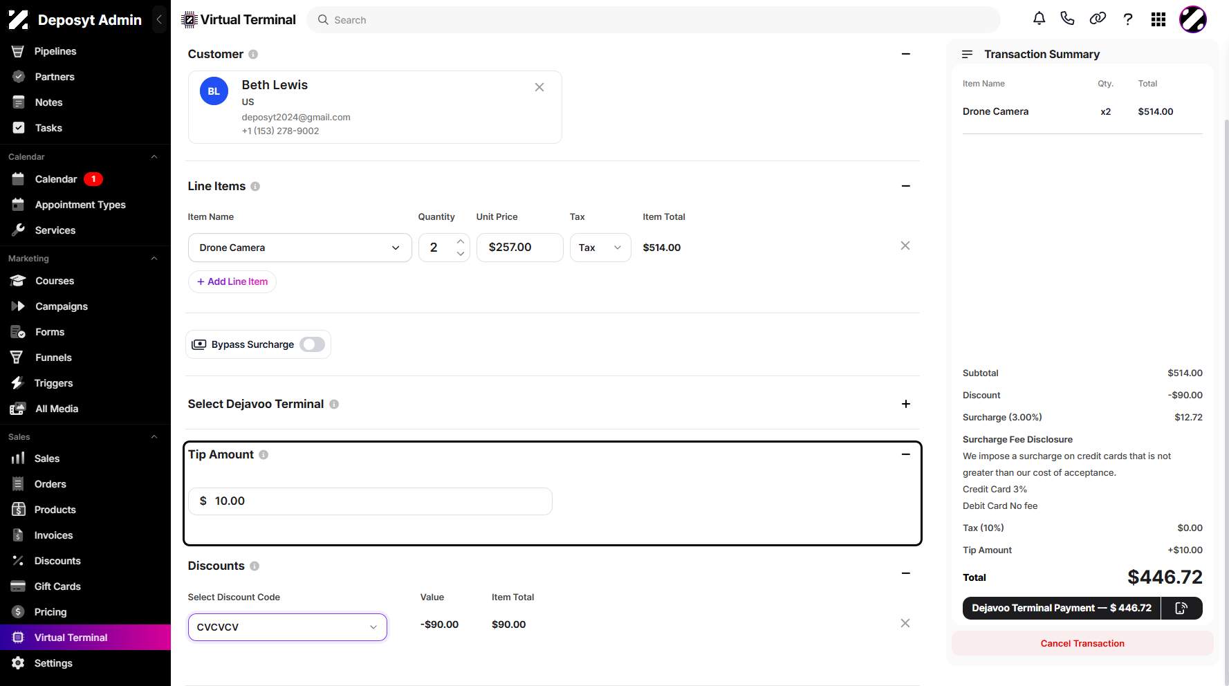 Step 9: Select a Dejavoo Terminal from the dropdown menu. You can also manually add a tip and apply a discount using the discount code dropdown menu.