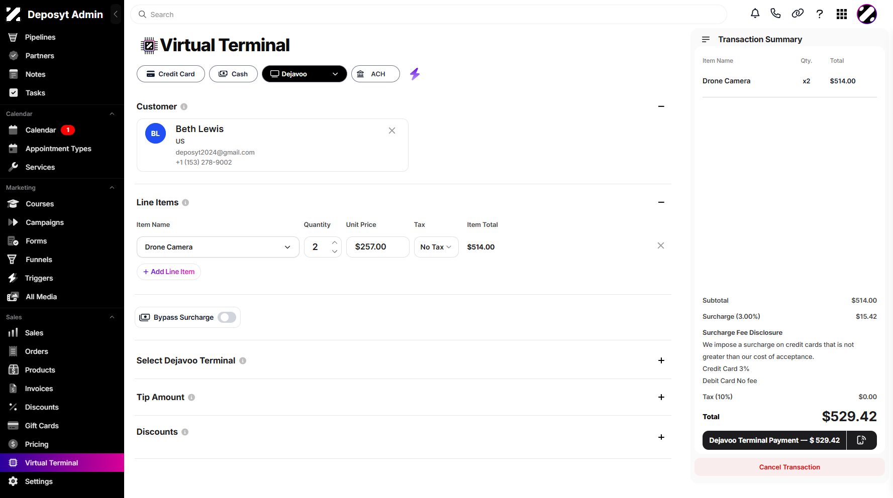 Step 7: Next is the Line Items section, where you can add products by clicking + Add Line Items. A dropdown menu will appear where you can select your product. You can then manage the quantity and tax. You may also click + Add Line Items again to add more products.