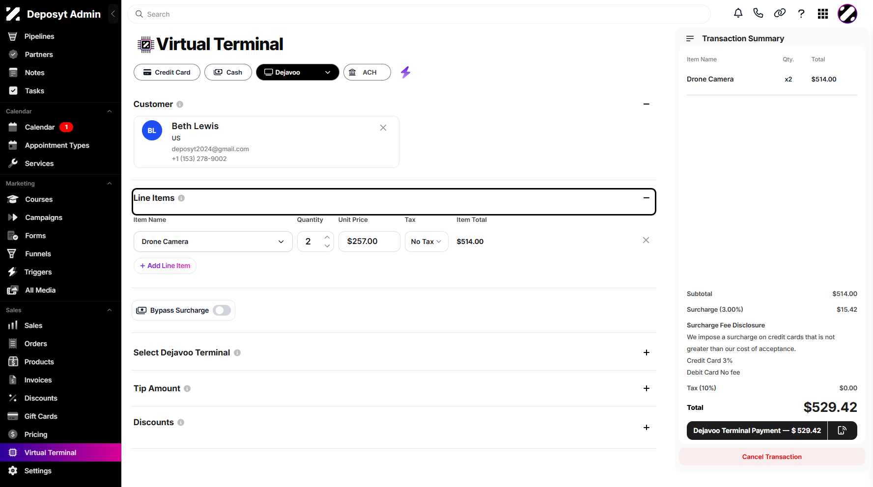Step 7: Next is the Line Items section, where you can add products by clicking + Add Line Items. A dropdown menu will appear where you can select your product. You can then manage the quantity and tax. You may also click + Add Line Items again to add more products.