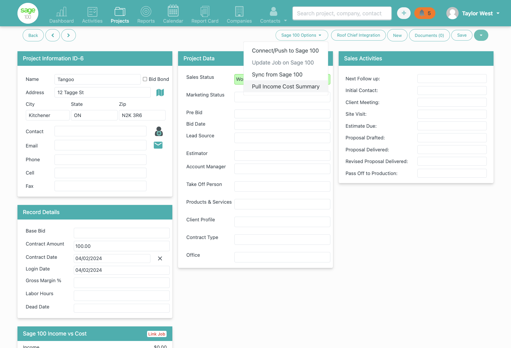 Click on Pull Income Cost Summary