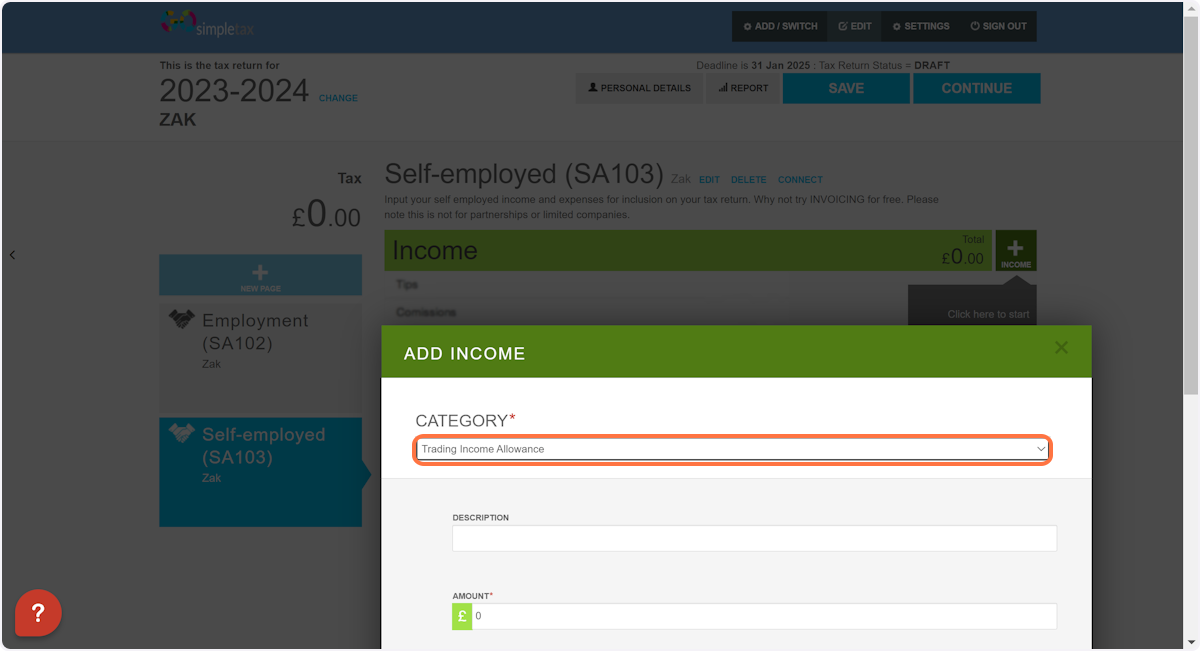 Select 'Trading Income Allowance' from the drop-down list of categories