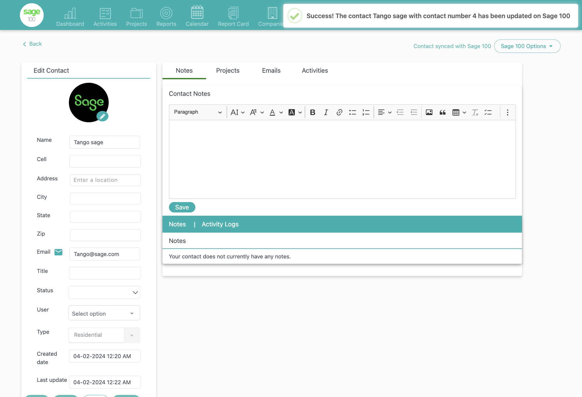 Click on Success! The contact Tango sage with contact number 4 has been updated on Sage 100