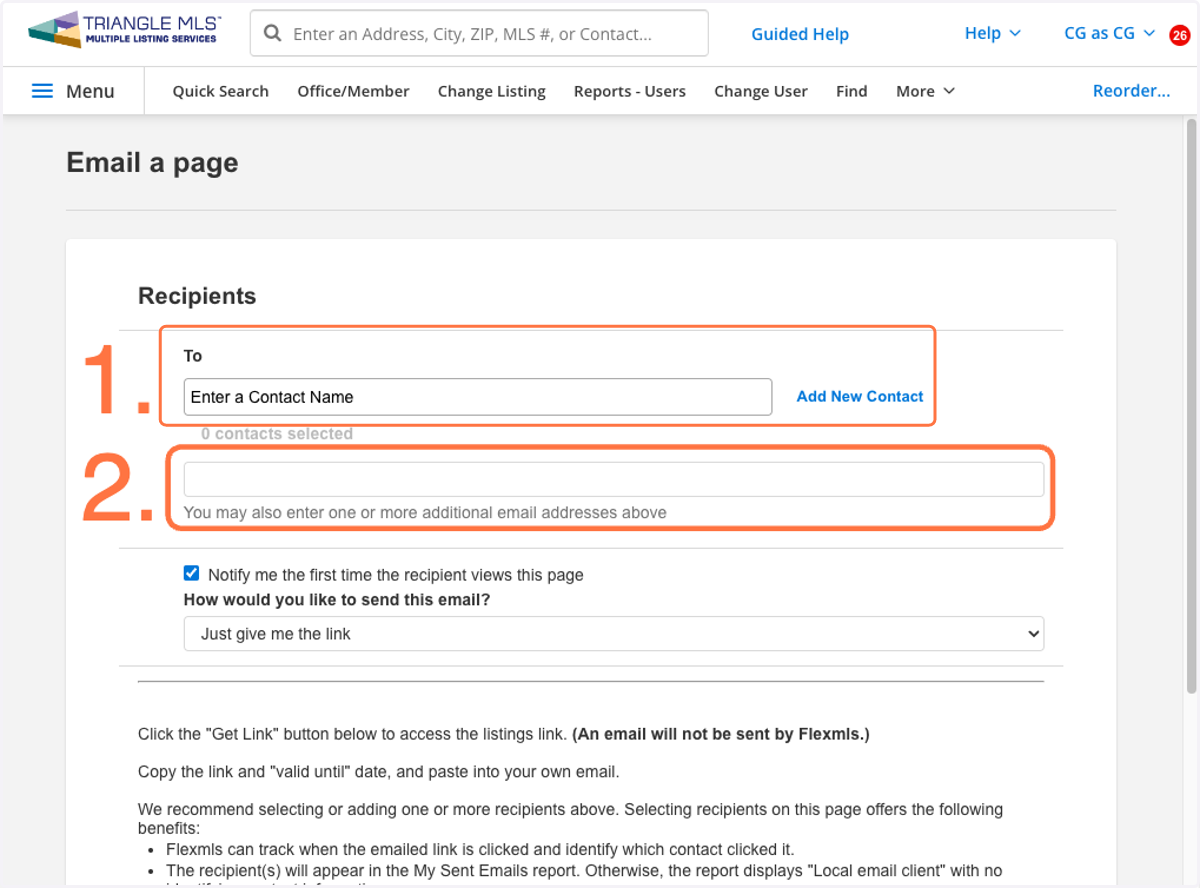 1. If you are using the FlexMLS trial and you have set up the client as a CONTACT, then use the first box to find their email. 2. If you are not using the FlexMLS trial or do not have the client as a CONTACT in FlexMLS, then use the second box to ent