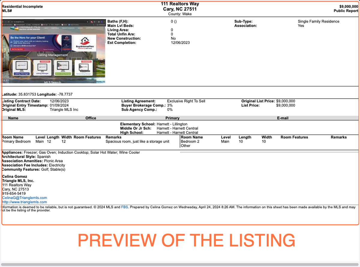 A new internet tab will open and show you the preview of the listing. If satisfied, then close the tab and go back to the original tab to email. If not satisfied, then go back into the Incomplete listing and make any changes you feel are needed.