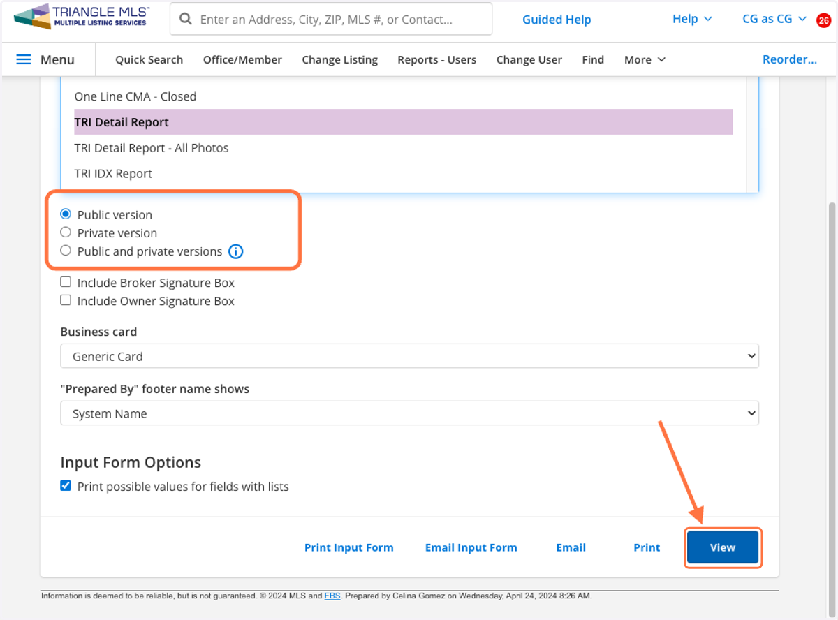 Select your VERSION (Public or Private) and then click on VIEW to preview what you're sending first.