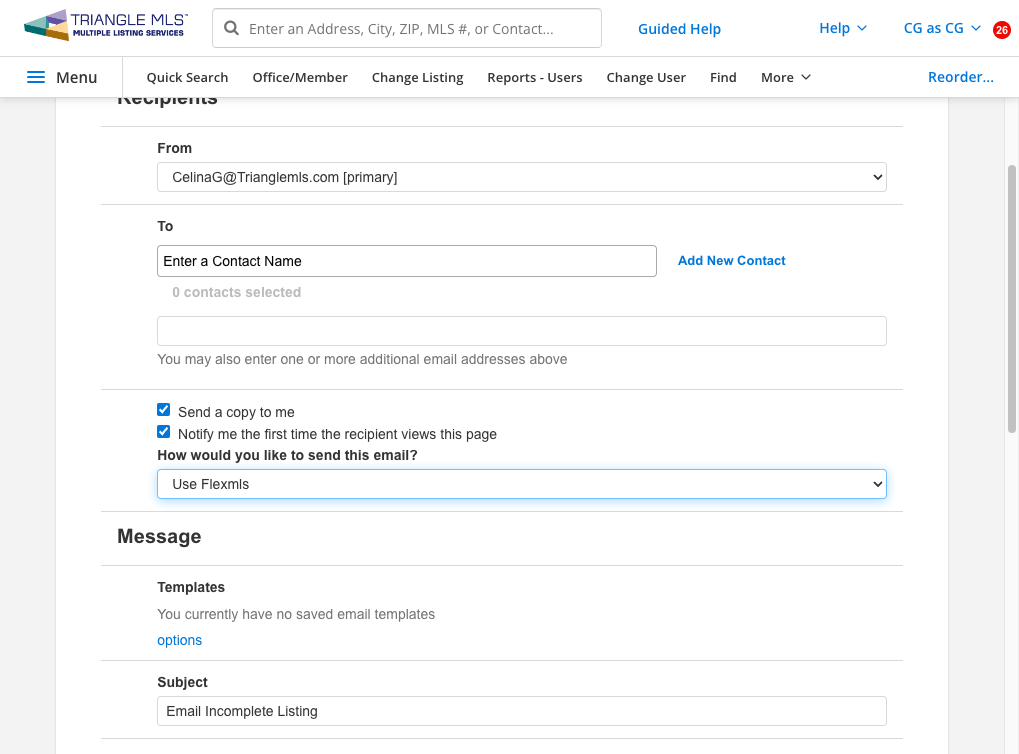 Select USE FLEXMLS for ""How would you like to send this email?"