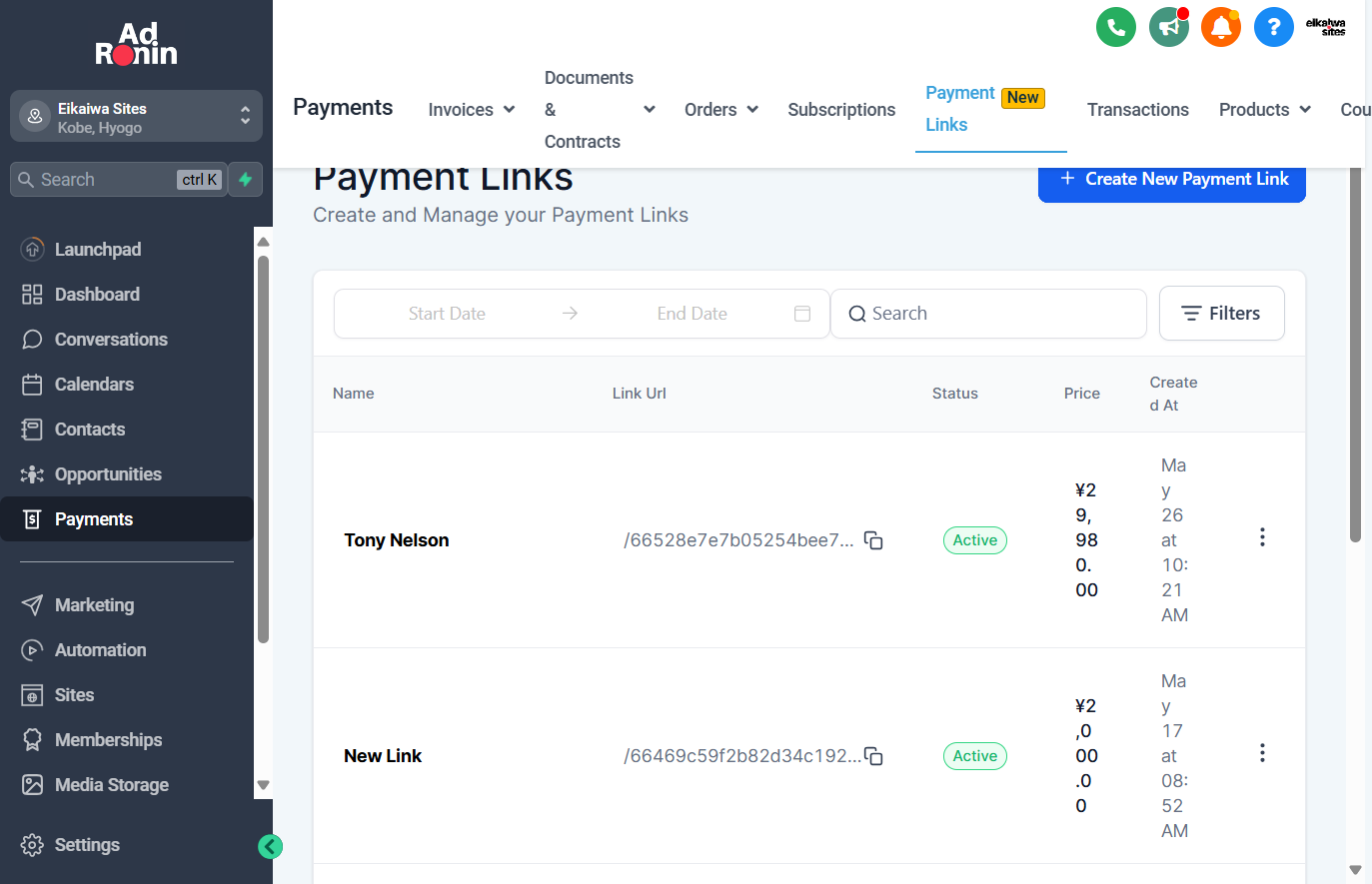 Click on Create New Payment Link
