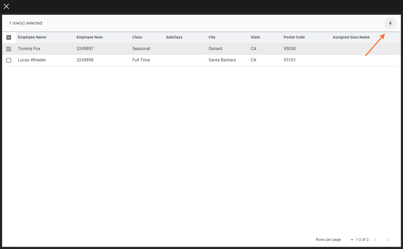 To assign selected employees to the enroller, click the lightening bolt icon in the upper right corner.