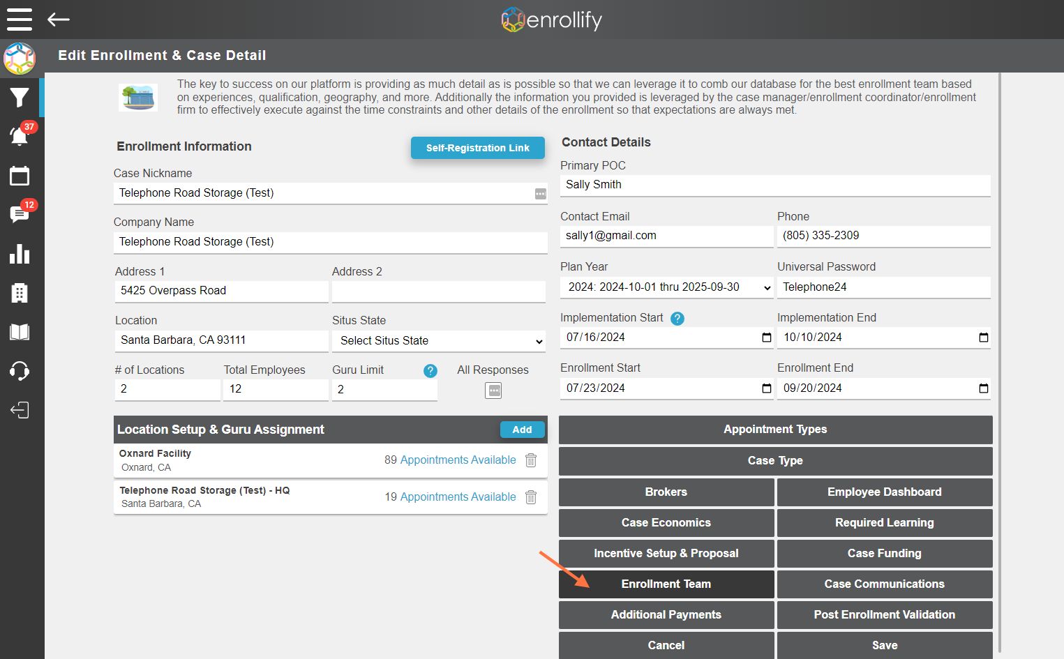 Click on the 'Enrollment Team' tab
