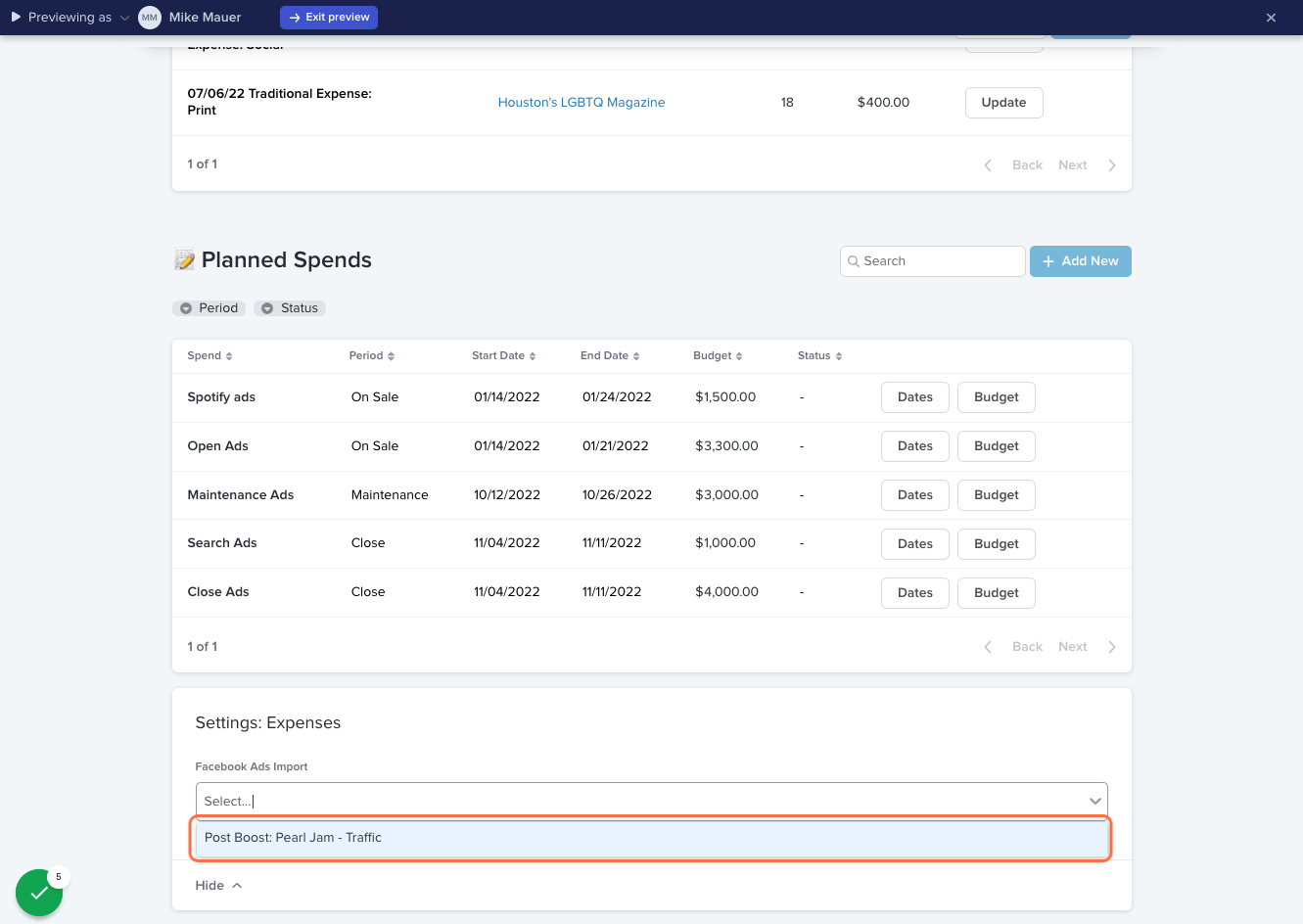 Enabled Edit Mode ("Edit" in the top right corner), click the dropdown under "Facebook Ads Import" and select the campaign names that are associated with the event. Click "Save".