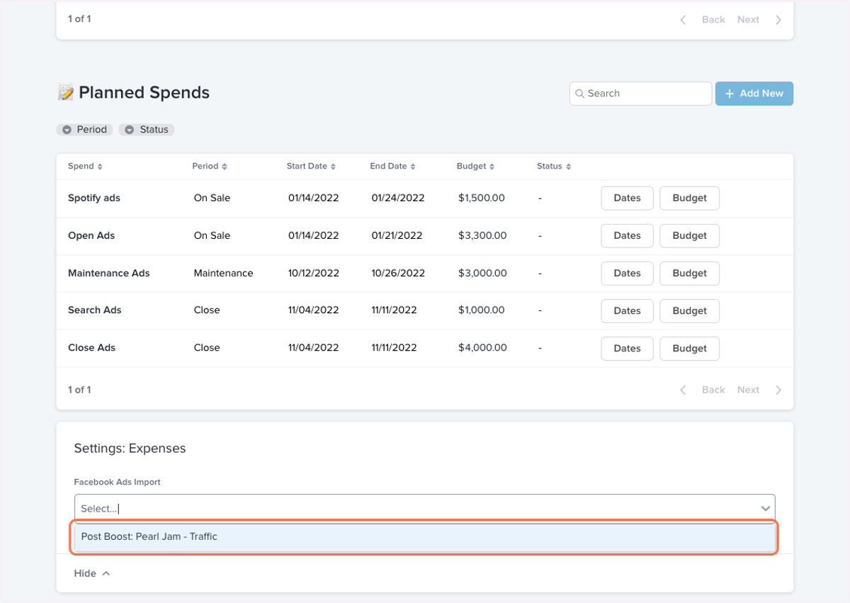 Enabled Edit Mode ("Edit" in the top right corner), click the dropdown under "Facebook Ads Import" and select the campaign names that are associated with the event. Click "Save".
