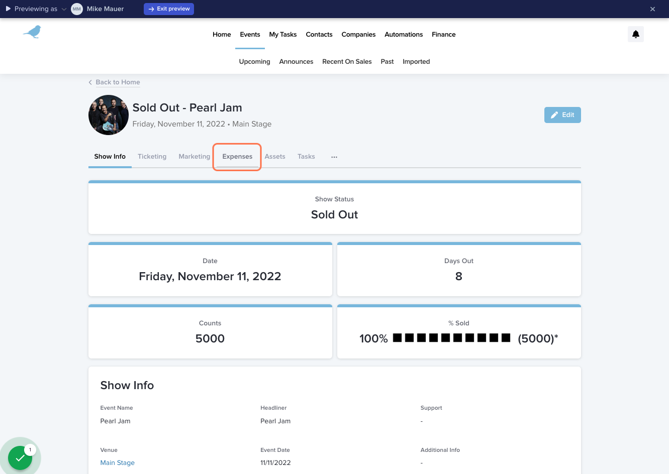 Inside the event, click on Expenses