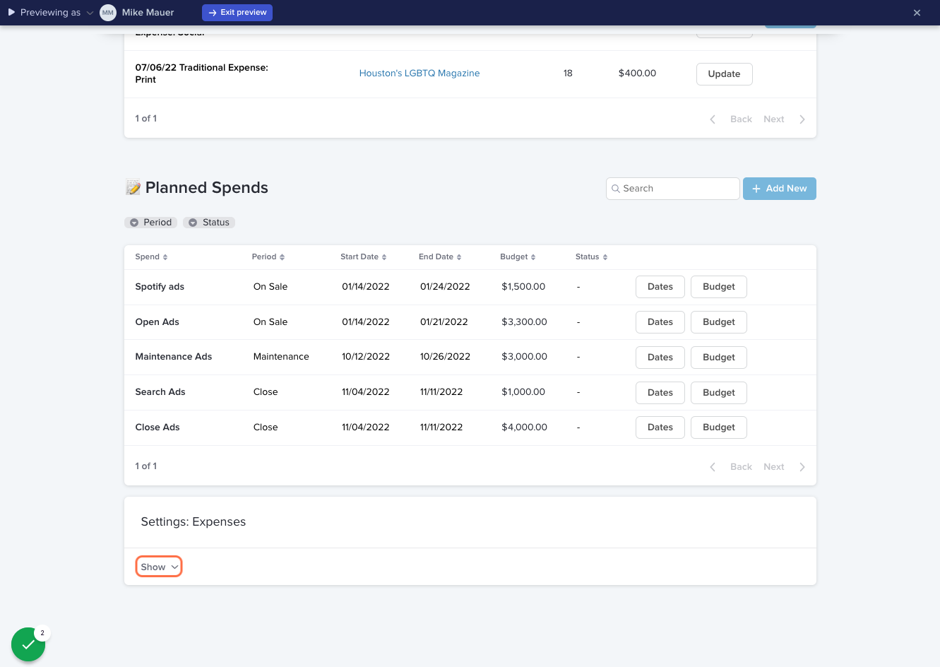 Scroll down and under "Settings: Expenses" expand the menu by clicking "Show"