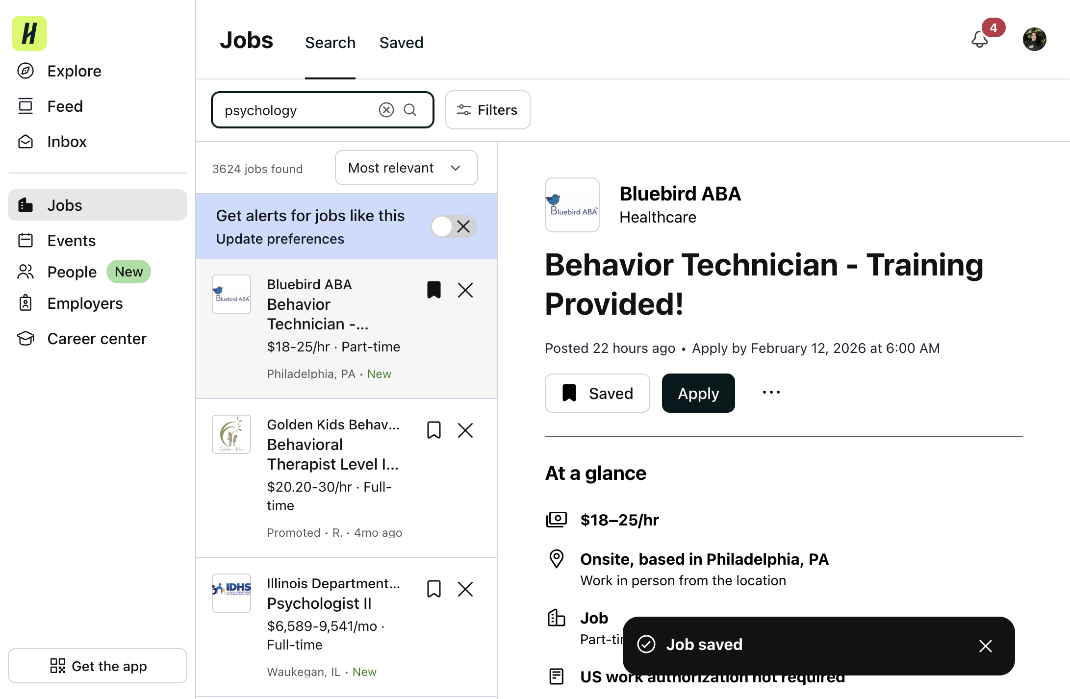 You can view all of your saved jobs in the top navigation bar.