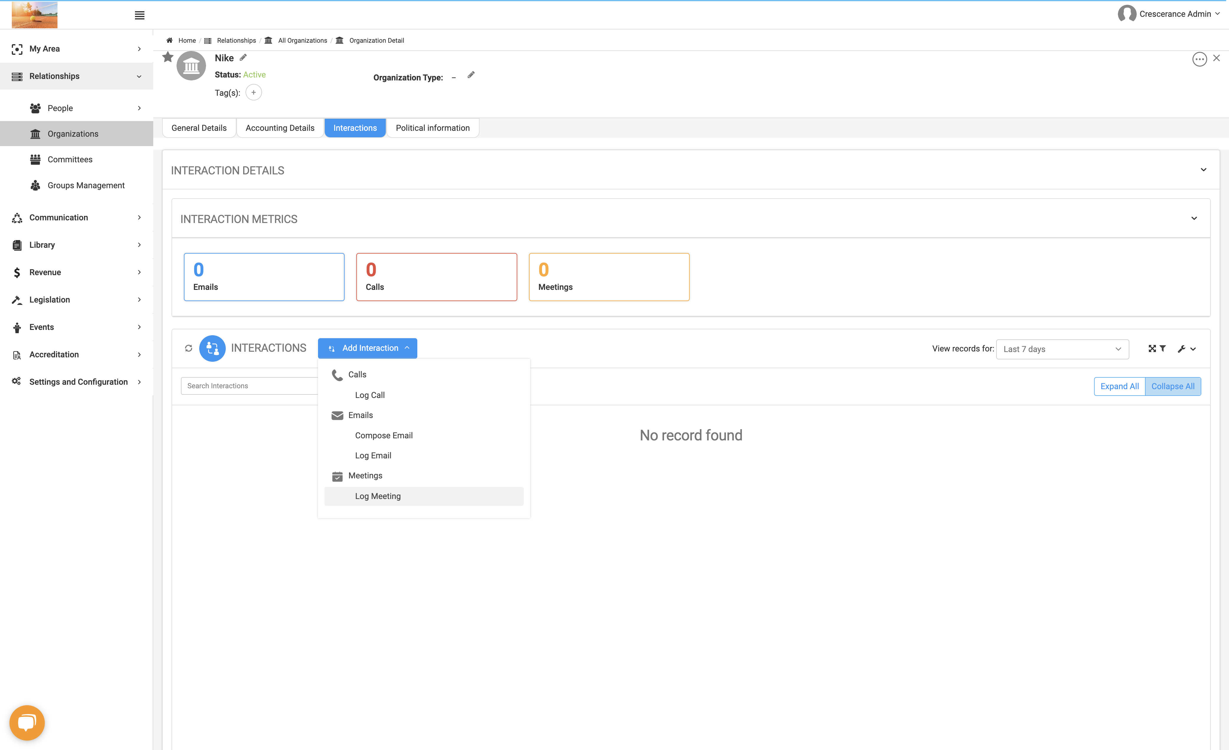 Click on the type of interaction you wish to create - Call, Email or Meeting